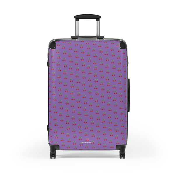 Purple Cherry Print Suitcase,  Red Cherries Print Designer Suitcases, Travel Bag Suitcases