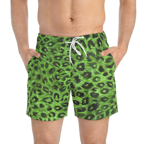 Green Leopard Men's Swim Trunks, Light Green Best Designer Leopard Animal Print Swim Trunks For Men (US Size: XS-3XL)&nbsp;Animal Print Mid-Length Shorts Beach Pockets Mesh Lining Drawstring Luxury Cool Guys Casual Bathing Suit Plus Size Available Swimwear For Men