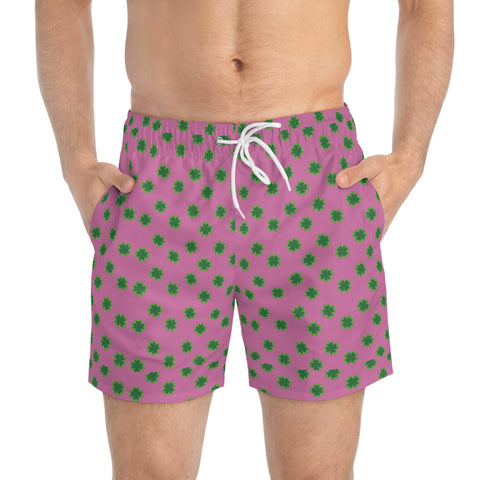 Pink Clover Leaf Swim Trunk, Colorful Green St. Patrick's Day Best Designer Green Clover Leaves Print Swim Trunks For Men (US Size: XS-3XL)&nbsp;Designer Mid-Length Shorts Beach Pockets Mesh Lining Drawstring Luxury Cool Guys Casual Bathing Suit Plus Size Available Swimwear For Men