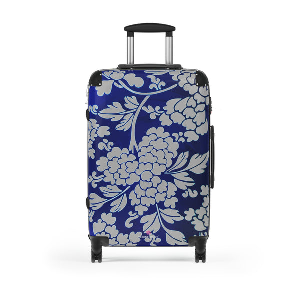 Grey Blue Floral Print Suitcase, Abstract Oriental Style Floral Print Designer Suitcase Luggage (Small, Medium, Large) Unique Cute Spacious Versatile and Lightweight Carry-On or Checked In Suitcase, Best Personal Superior Designer Adult's Travel Bag Custom Luggage - Gift For Him or Her - Printed in&nbsp; Canada