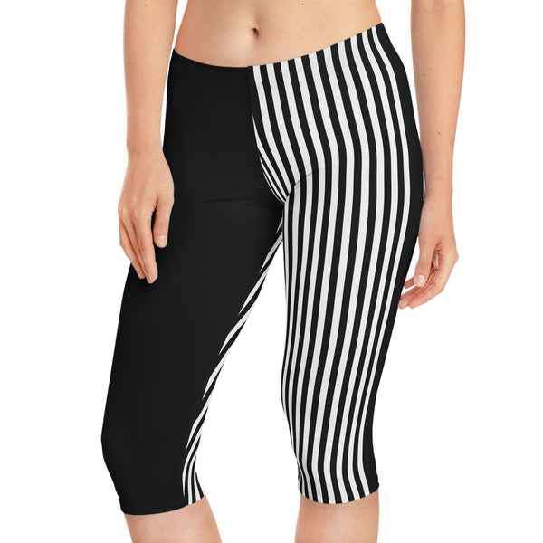 White Black Striped Women's Tights, Best Vertical Striped Print Women's Capri Leggings