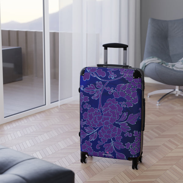 Blue Purple Floral Print Suitcase, Abstract Oriental Style Floral Print Designer Suitcases, Travel Bag Suitcases (Small, Medium, Large)