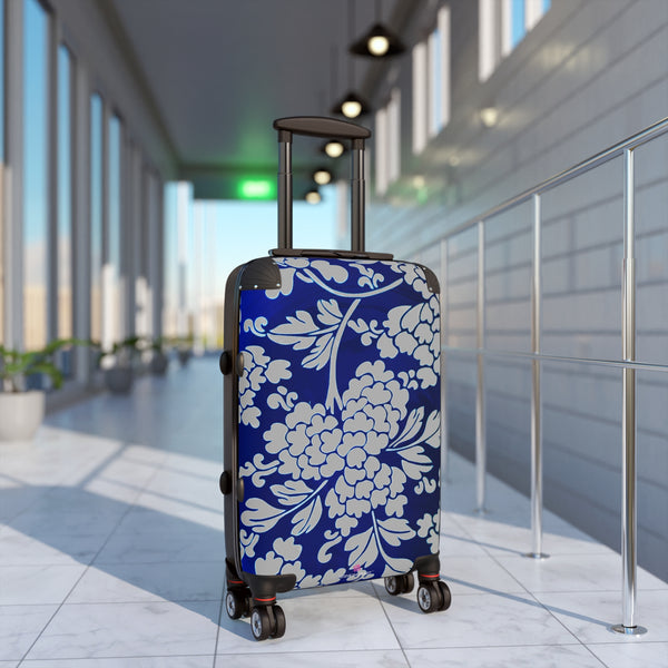 Grey Blue Floral Print Suitcase, Abstract Oriental Style Floral Print Designer Suitcases, Travel Bag Suitcases (Small, Medium, Large)