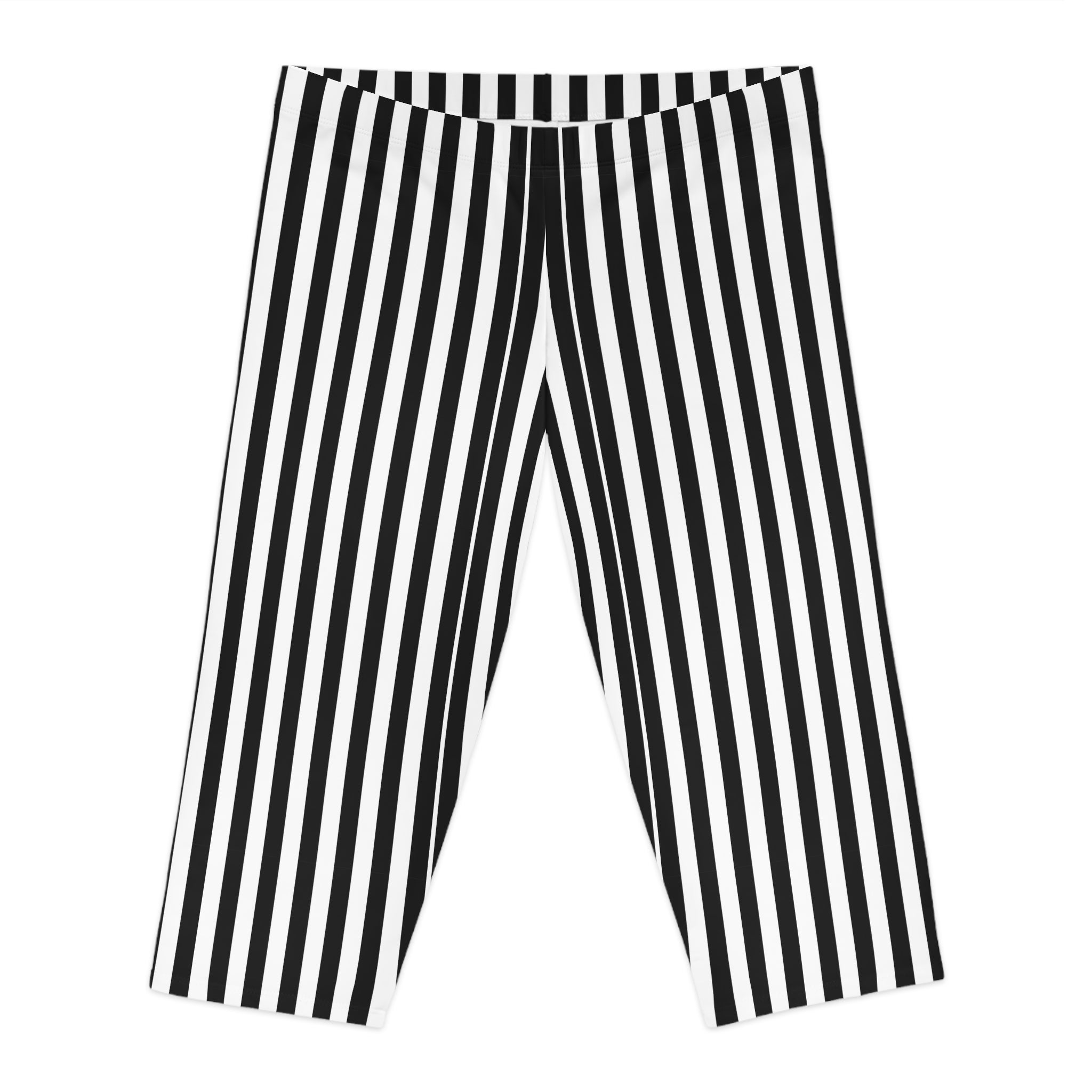 White Black Striped Women's Tights, Vertical Striped Print Women's Capri Leggings