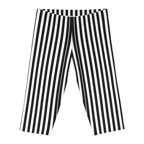 White Black Striped Women's Tights, Vertical Striped Print Women's Capri Leggings