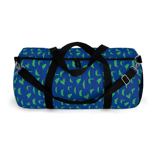 Dark Blue Crane Duffel Bag, Green Japanese Crane Print Pattern Print Designer Premium All Day Small Or Large Size Duffel or Gym Bag, Made in USA, Womens Large Patterned Duffle Bag, Gym Bag For Ladies, Patterned Duffle Bag