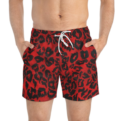 Red Leopard Men's Swim Trunks, Hot Red Best Designer Leopard Animal Print Swim Trunks For Men (US Size: XS-3XL)&nbsp;Animal Print Mid-Length Shorts Beach Pockets Mesh Lining Drawstring Luxury Cool Guys Casual Bathing Suit Plus Size Available Swimwear For Men