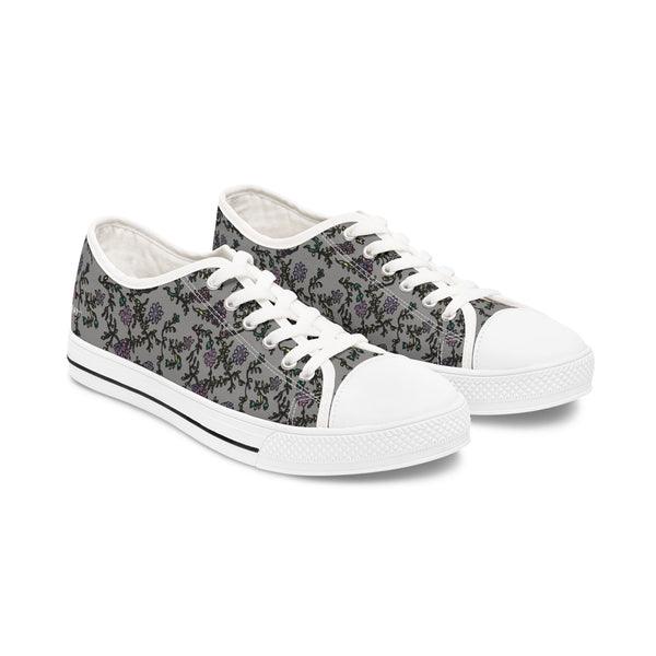 Grey Purple Floral Women's Sneakers, Floral Print Women's Low Top Sneakers Tennis Shoes, Canvas Fashion Sneakers With Durable Rubber Outsoles and Shock-Absorbing Layer and Memory Foam Insoles&nbsp;(US Size: 5.5-12)