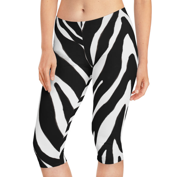 Zebra Print Women's Capri Leggings, Zebra Striped Animal Print American-Made Best Designer Premium Quality Knee-Length Mid-Waist Fit Knee-Length Polyester Capris Tights-Made in USA (US Size: XS-2XL) Plus Size Available