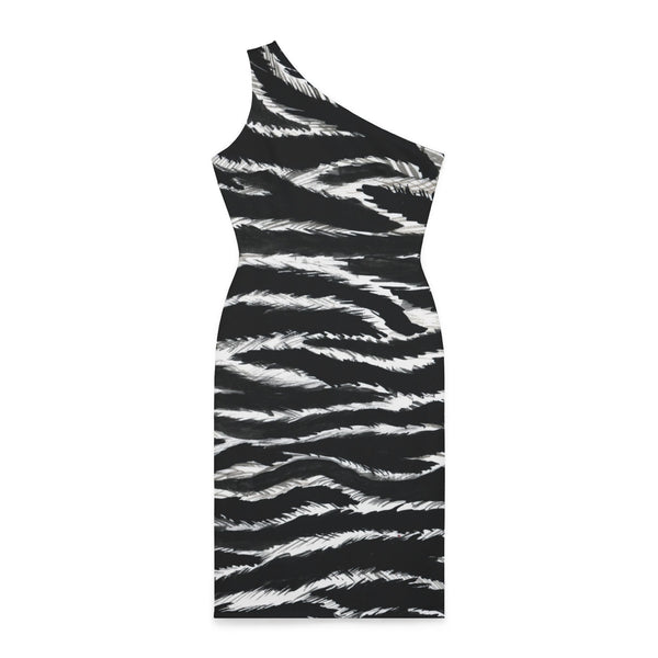 Black Zebra Shoulder Dress, Black and White Zebra Pattern Women's Shoulder Dress, White and Black Best Knee-Length Fitted Stretchy Designer Animal Print Off-The-Shoulder Sleeveless Dress &nbsp;- Made in USA (US Size: XS-XL)