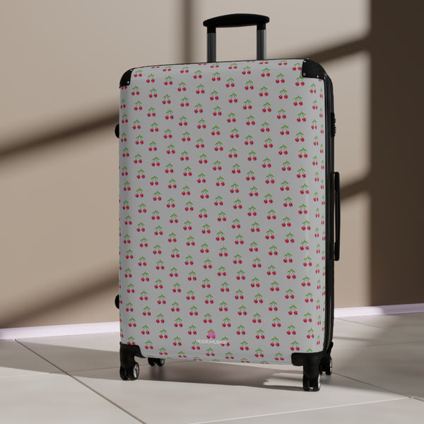 Light Grey Cherry Print Suitcase, Cute Red Cherries Print Designer Suitcases, Travel Bag Suitcases
