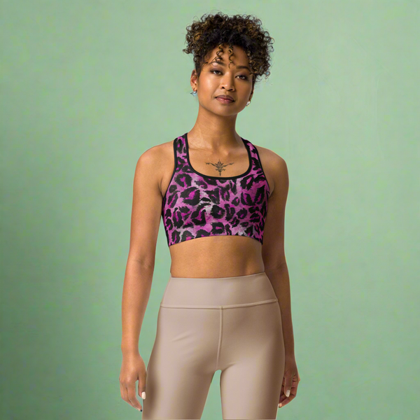 Hot Pink Leopard Sports Bra, Cute Leopard Best Designer Animal Print Cute Ladies Workout Bra-Made in USA/EU/MX