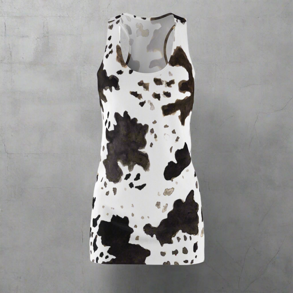 Cow Print Tank Dress, Best Black White Brown Women's Long Sleeveless Racerback Dress -Made in USA (XS-2XL)