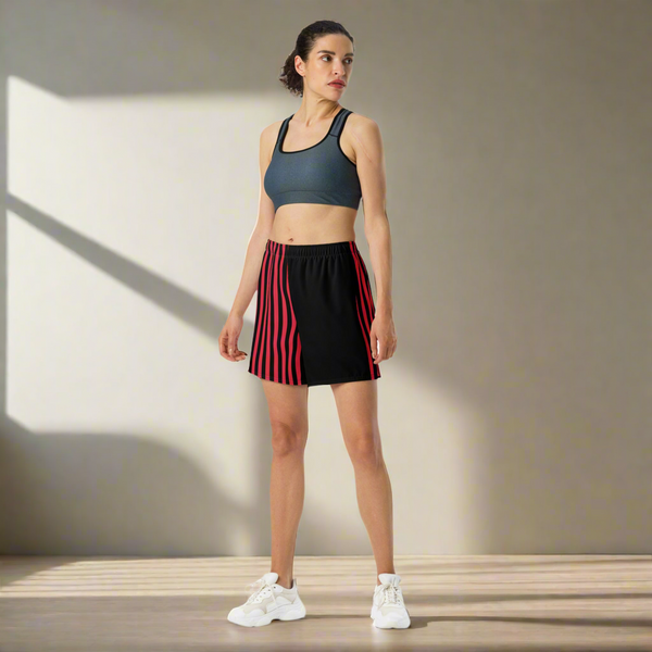 Black Red Striped Unisex Shorts, Unisex Athletic Long Shorts