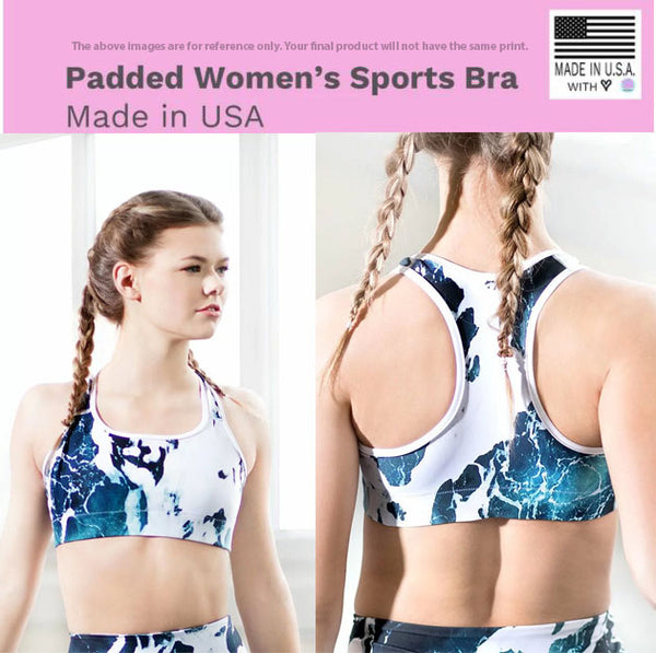 Green Blue Starry Sports Bra, Best Padded Sports Workout Fitness Bra For Ladies - Made in USA/EU/MX