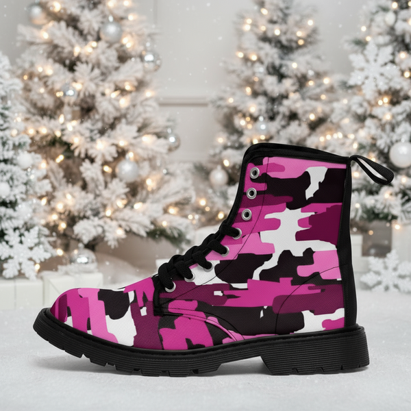 Pink Camo Women's Boots, Army Military Print Best Winter Laced Up Canvas Boots For Women (US Size 6.5-11)