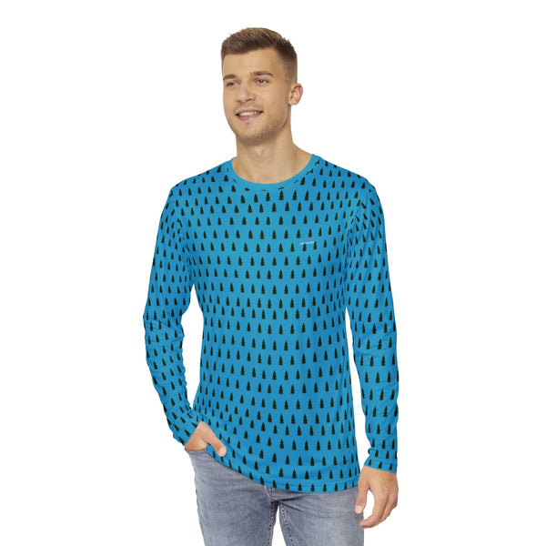 Blue Christmas Tree Men's Long Sleeves, Best Men's Long Sleeve Shirt (AOP) - Made in USA