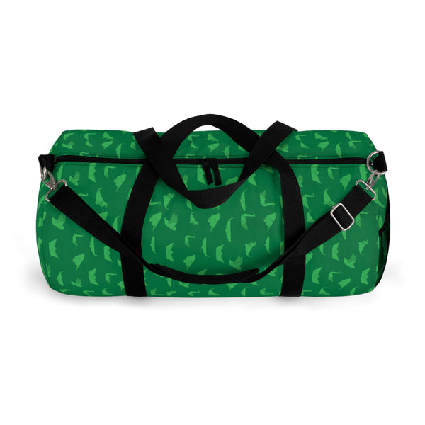 Green Crane Print Duffel Bag, Green Japanese Crane Print Pattern Print Designer Premium All Day Small Or Large Size Duffel or Gym Bag, Made in USA, Womens Large Patterned Duffle Bag, Gym Bag For Ladies, Patterned Duffle Bag