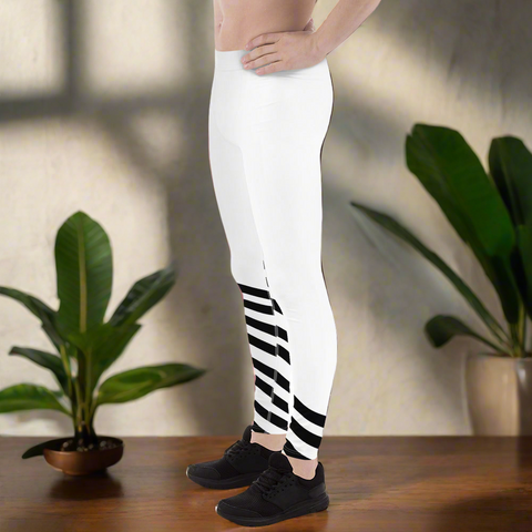 Black White Diagonal Striped Meggings, Men's Tights Meggings Activewear Tights-Made in USA/EU