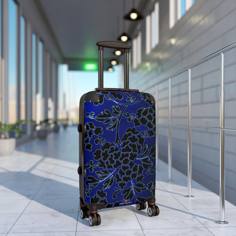 Black Blue Floral Print Suitcase, Abstract Oriental Style Floral&nbsp;Print Designer Suitcase Luggage (Small, Medium, Large) Unique Cute Spacious Versatile and Lightweight Carry-On or Checked In Suitcase, Best Personal Superior Designer Adult's Travel Bag Custom Luggage - Gift For Him or Her - Printed in&nbsp; Canada