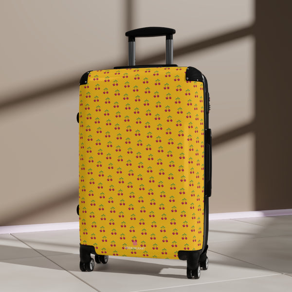 Yellow Cherry Print Suitcase, Cute Red Cherries Print Designer Suitcases, Travel Bag Suitcases