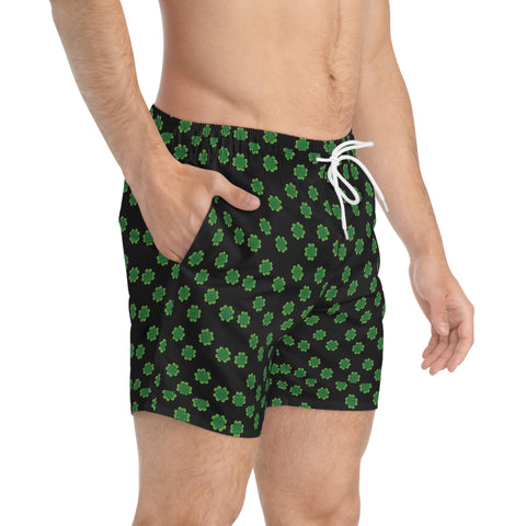 Black Clover Leaf Swim Trunk, Colorful Green St. Patrick's Day Best Designer Green Clover Leaves Print Swim Trunks For Men (US Size: XS-3XL)&nbsp;Designer Mid-Length Shorts Beach Pockets Mesh Lining Drawstring Luxury Cool Guys Casual Bathing Suit Plus Size Available Swimwear For Men