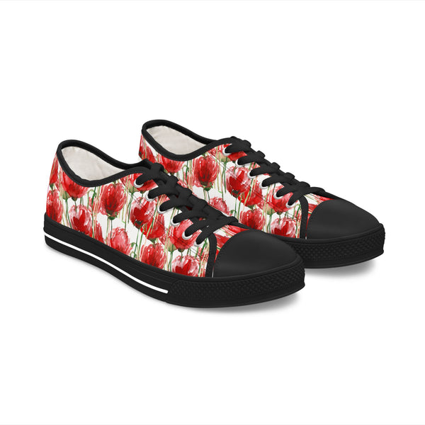 White Red Tulips Women's Sneakers, Floral Print Women's Low Top Sneakers Tennis Shoes, Canvas Fashion Sneakers With Durable Rubber Outsoles and Shock-Absorbing Layer and Memory Foam Insoles&nbsp;(US Size: 5.5-12)