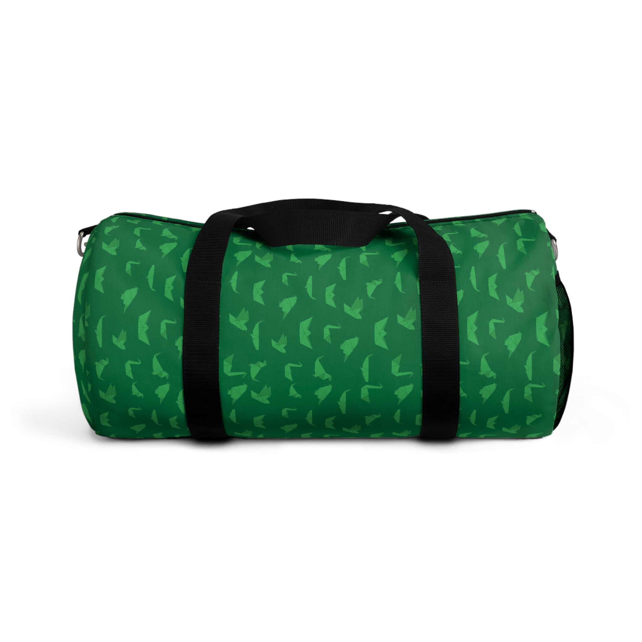 Green Crane Print Duffel Bag, Green Japanese Crane Print Pattern Print Designer Premium All Day Small Or Large Size Duffel or Gym Bag, Made in USA, Womens Large Patterned Duffle Bag, Gym Bag For Ladies, Patterned Duffle Bag