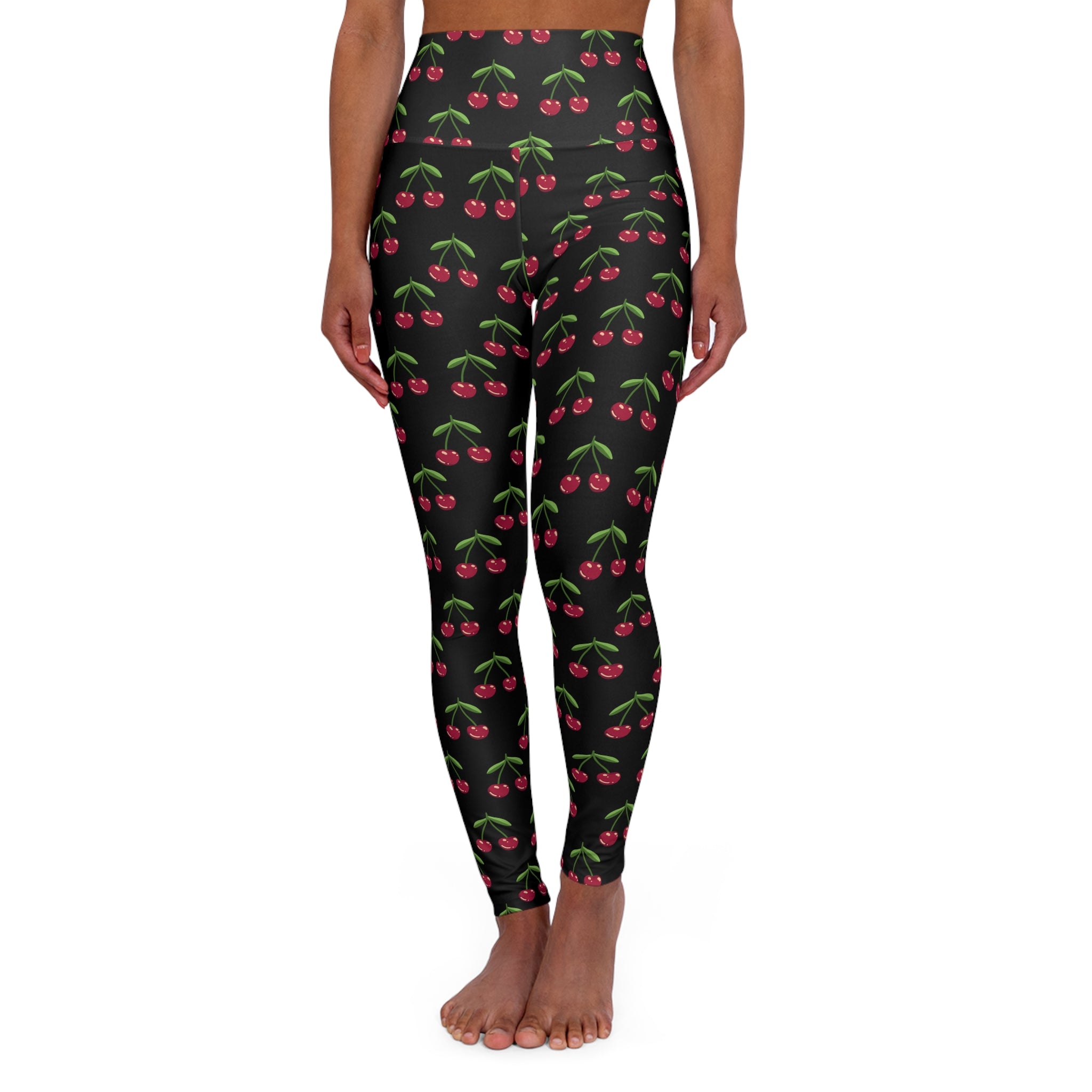 Black Cherries Print Women's Tights, High Waisted Yoga Leggings