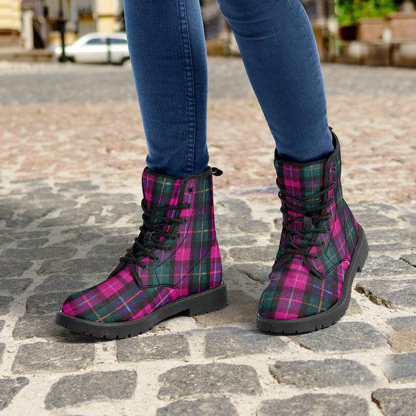 Pink Plaid Print Women's Boots, Pink &amp; Green Scottish Style Plaid Print Designer Best Water Resistant Anti-Moisture Durable Winter Boots For Women (US Size 5.5-12) Pink Plaid Women's Canvas Boots, Pink &amp; Green Scottish Style Plaid Classic Print Elegant Feminine Casual Fashion Gifts,&nbsp;Pink Plaid Print&nbsp;Shoes For Plaid Lovers, Water Resistant Anti-Moisture Combat Boots, Designer Women's Winter Lace-up Toe Cap Hiking Boots Shoes For Women