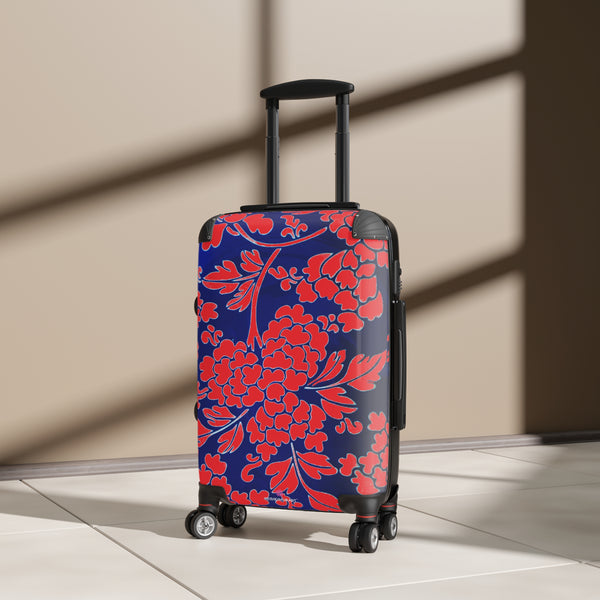 Red Blue Floral Print Suitcase, Abstract Oriental Style Floral Print Designer Suitcases, Travel Bag Suitcases (Small, Medium, Large)