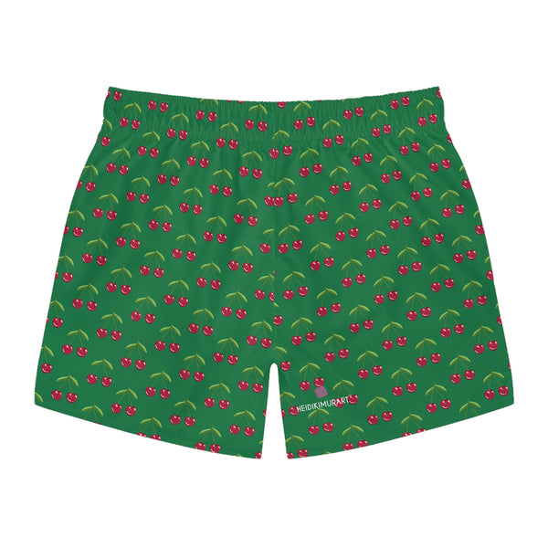 Green&nbsp;Cherries Print Men's Swimwear, Red Cherries Print Best Designer Cherries Print Swim Trunks For Men (US Size: XS-3XL) Red Cherries Print Mid-Length Shorts Beach Pockets Mesh Lining Drawstring Luxury Cool Guys Casual Bathing Suit Plus Size Available Swimwear For Men