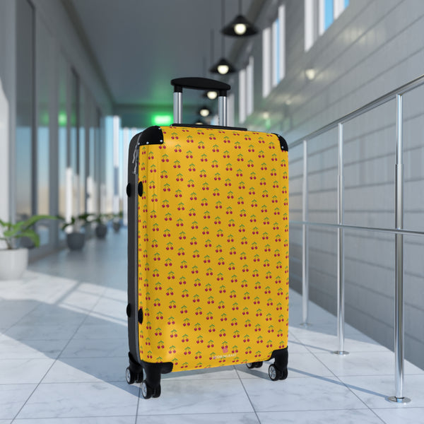 Yellow Cherry Print Suitcase, Cute Red Cherries Print Designer Suitcases, Travel Bag Suitcases