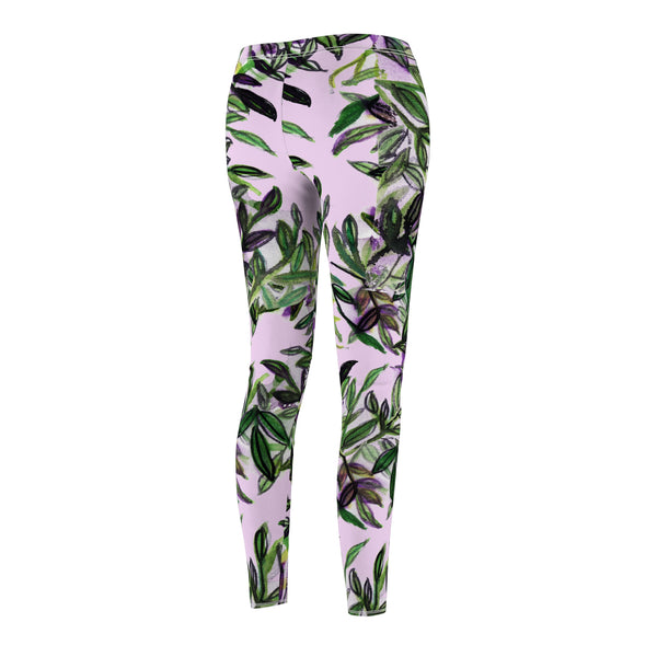 Floral Pink Women's Casual Leggings, Made in USA, Size: XS-2XL, Tropical Leaves Print Leggings, Tropical Tight Pants