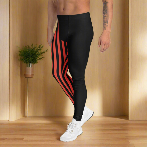 Orange Black Striped Meggings, Designer Men's Leggings