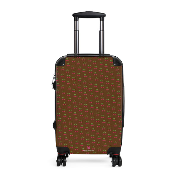 Brown Cherry Print Suitcase, Cute Red Cherries Print Designer Suitcases, Travel Bag Suitcases