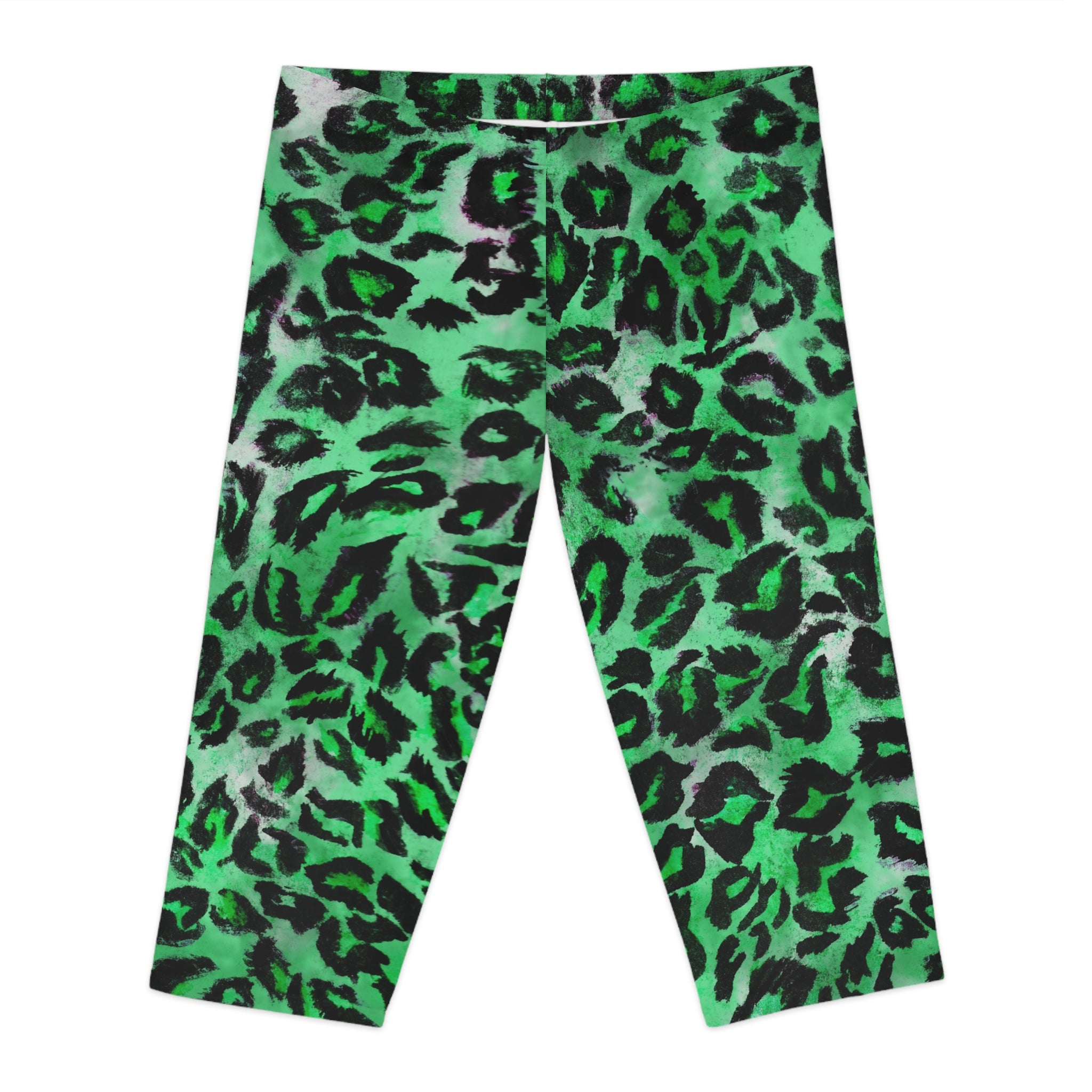 Green Leopard Women's Capri Leggings, Modern Leopard Animal Print American-Made Best Designer Premium Quality Knee-Length Mid-Waist Fit Knee-Length Polyester Capris Tights-Made in USA (US Size: XS-2XL) Plus Size Available