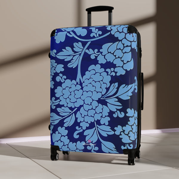 Sky Blue Floral Print Suitcase, Abstract Oriental Style Floral Print Designer Suitcases, Travel Bag Suitcases (Small, Medium, Large)