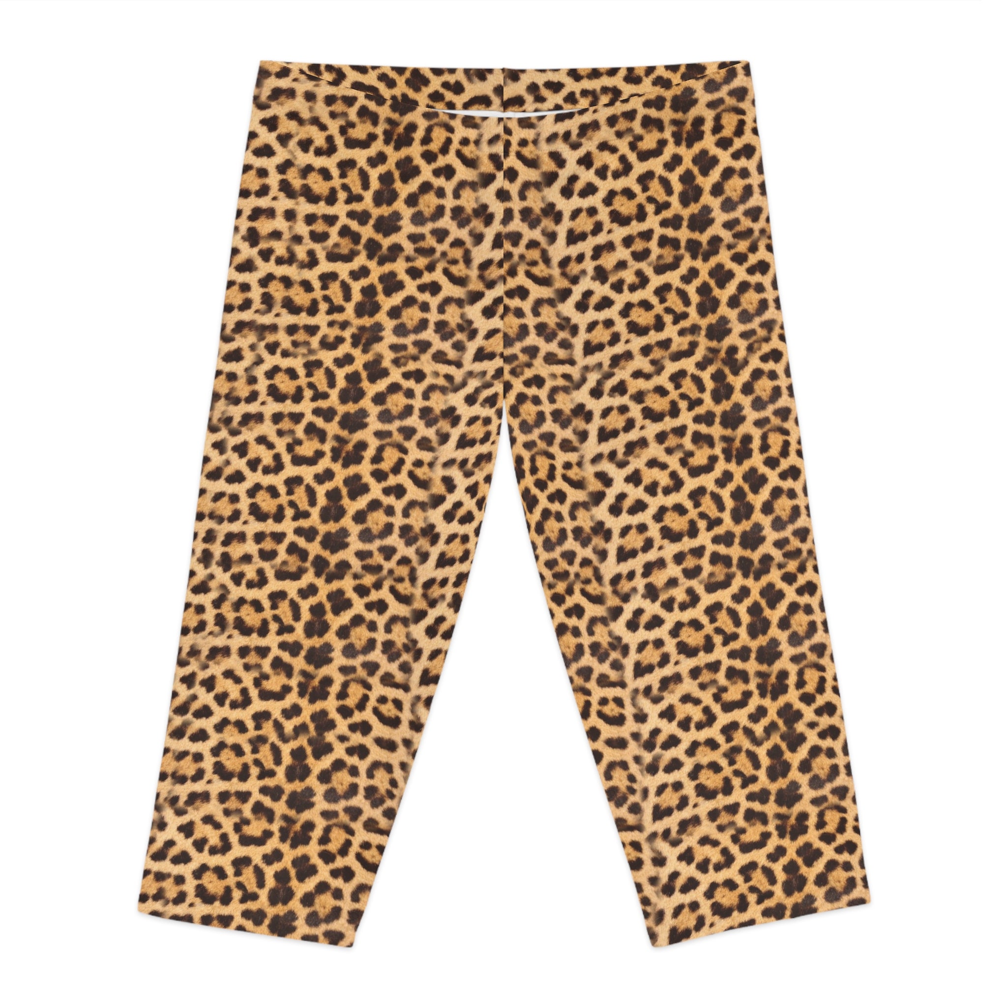 Brown Leopard Women's Capri Leggings, Modern Leopard Animal Print American-Made Best Designer Premium Quality Knee-Length Mid-Waist Fit Knee-Length Polyester Capris Tights-Made in USA (US Size: XS-2XL) Plus Size Available