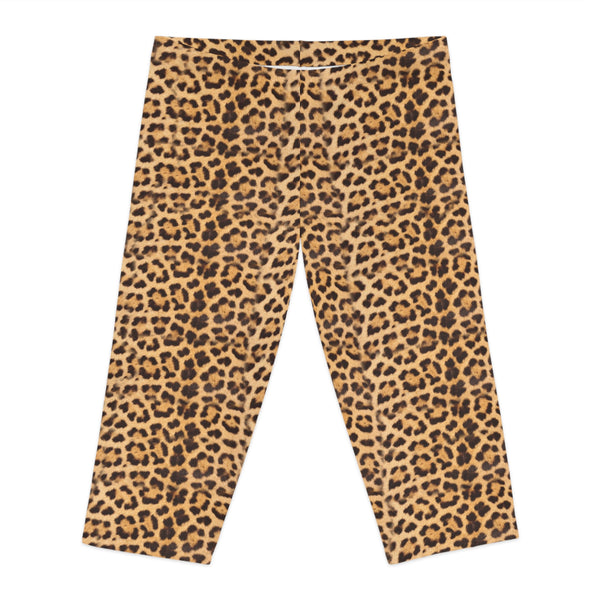 Brown Leopard Women's Capri Leggings, Modern Leopard Animal Print American-Made Best Designer Premium Quality Knee-Length Mid-Waist Fit Knee-Length Polyester Capris Tights-Made in USA (US Size: XS-2XL) Plus Size Available