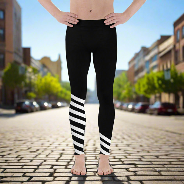 Black White Diagonal Striped Meggings, Modern Minimalist Striped Men's Athletic Running Leggings-Made in USA/EU/MX