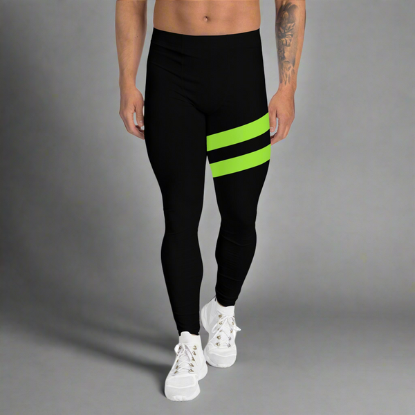 Neon Green Best Men's Leggings, Neon Green and Black Striped Designer Running Compression Tights For Men - Made in USA/EU/MX