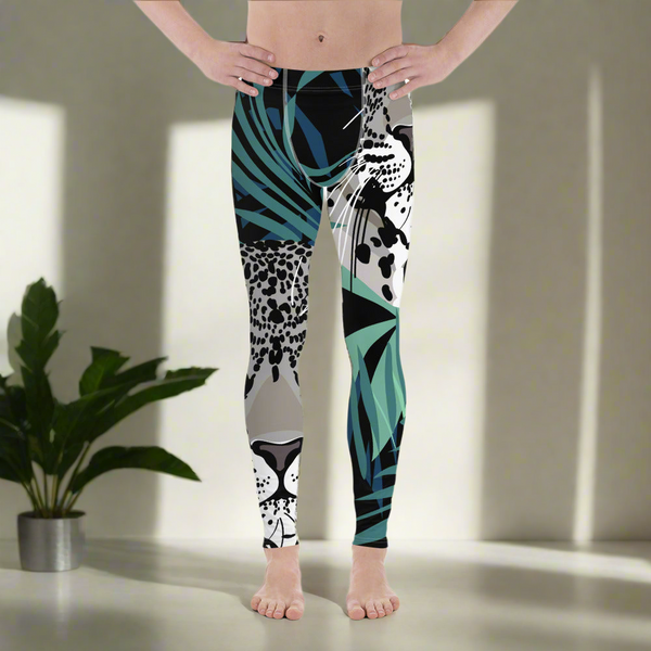 Leopard Print Best Men's Leggings, Tropical Animal Print Designer Men's Compression Sports Tights - Made in USA/EU/MX