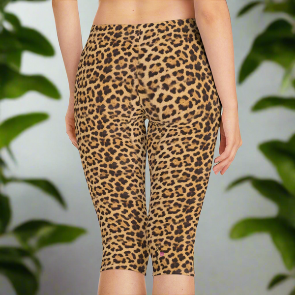Brown Leopard Women's Tights, Animal Print Best Knee-Length Polyester Capris Tights-Made in USA (US Size: XS-2XL)