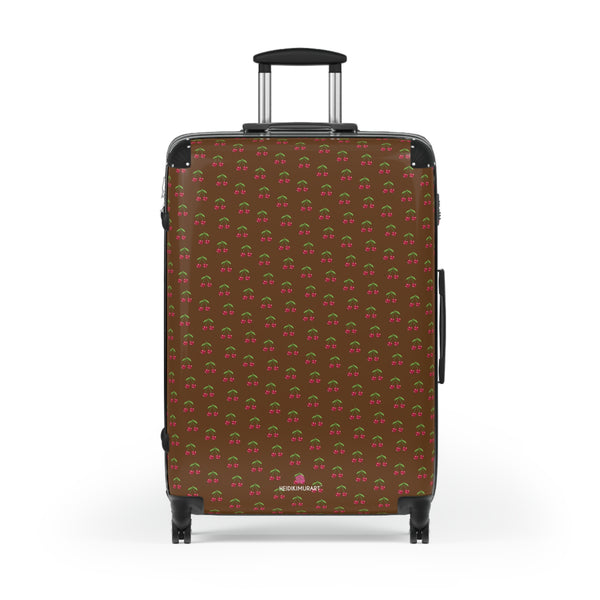 Brown Cherry Print Suitcase, Cute Red Cherries Print Designer Suitcases, Travel Bag Suitcases