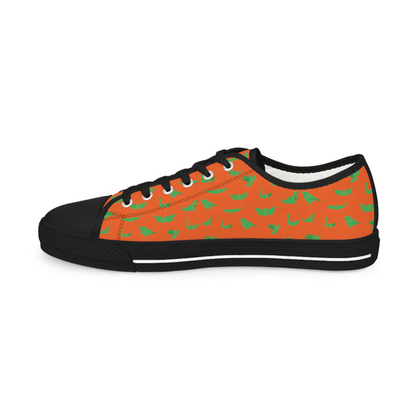 Orange Crane Print Men's Sneakers, Green and Orange Japanese Crane Print Men's Low Top Sneaker Shoes (US Size: 5-14)