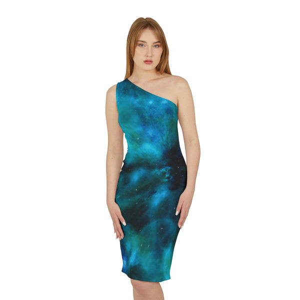 Blue Abstract Women's Shoulder Dress, Galaxy Colorful Abstract&nbsp;Galaxy Print Best Knee-Length Fitted Stretchy Designer Off-The-Shoulder Sleeveless Dress &nbsp;- Made in USA (US Size: XS-XL)