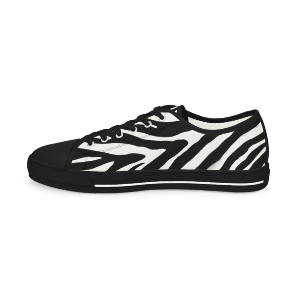 Black Zebra Print Men's Sneakers, Zebra Striped Animal Print Modern Minimalist Best Breathable Designer Men's Low Top Canvas Fashion Sneakers With Durable Rubber Outsoles and Shock-Absorbing Layer and Memory Foam Insoles (US Size: 5-14)