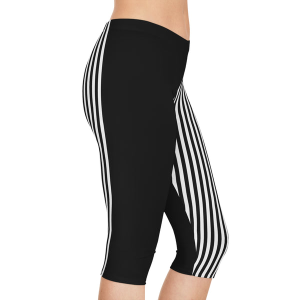 White Black Striped Women's Tights, Best Vertical Striped Print Women's Capri Leggings