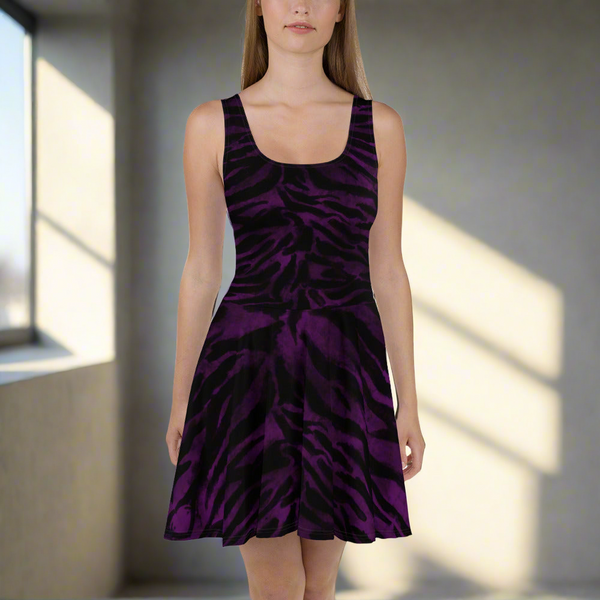 Purple Tiger Striped Skater Dress, Tiger Stripes Animal Print Women's Sleeveless Dress-Made in USA/EU